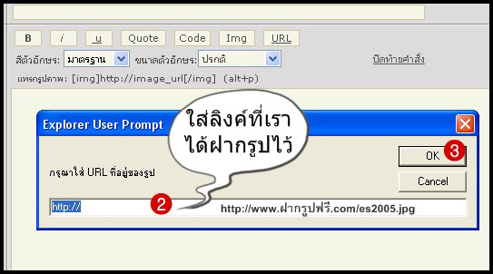 จะมี popup ขึ้นมาถามครับ ให้ใส่ลิงค์ที่เรา copy มาครับ
สังเกตง่ายๆครับ ลิงค์จะลงท้ายด้วย .jpg .gif .png