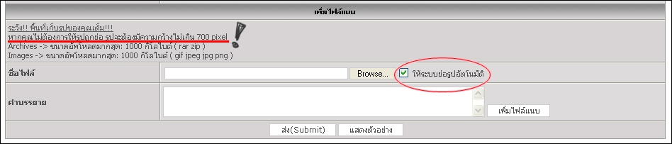 ตัวอย่าง: 
กรณีไม่ได้เลือก ย่อรูปอัตโนมัติ (รูปนี้ความกว้างมากกว่า 700px ทำให้มีระบบซูมภาพจริง)