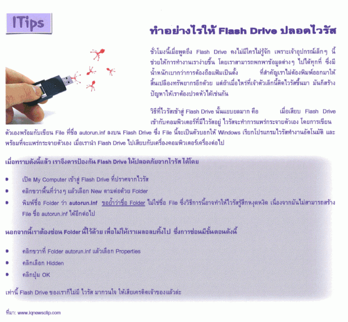 วิธีง่ายๆให้ Flash Drive ปลอดไวรัส (ได้จาก Mail)