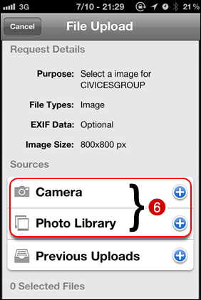 กด Camera เลือกรูปว่าจะถ่ายจากกล้องใหม่ 
หรือ 
กด Photo Library อัพรูปจากอัลบั้มที่มีอยู่