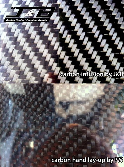 ลองเปรียบเทียบดูนะครับลาย carbon ของการ vacuum infusion ด้านบน จะมีลักษณะแบบเรียบ ส่วนด่านล้าง เป็นงาน hand lay-up ครับ