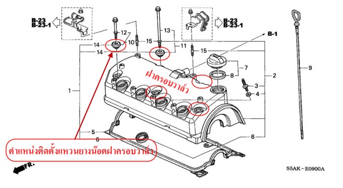 ตำแหน่งที่ติดตั้งจำนวน 5 ชุด ตามน๊อตยึดฝาครอบวาล์วที่มีอยู่ 5 ตัว