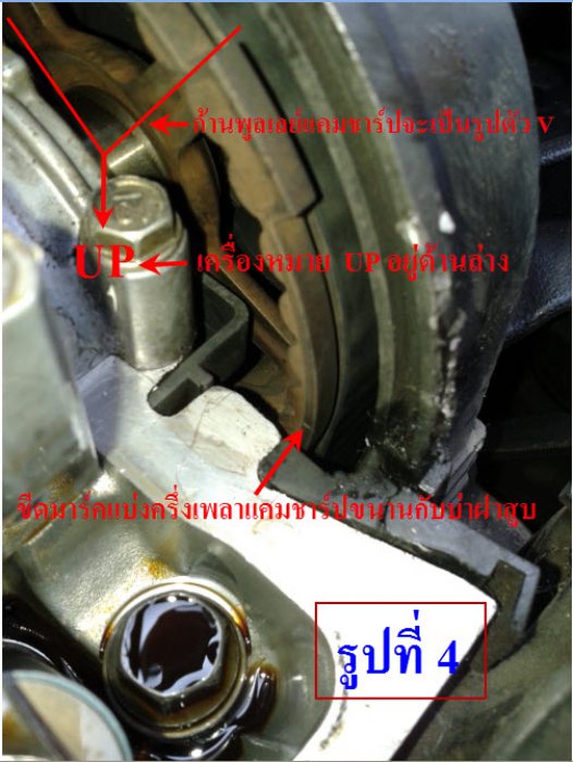 เครื่องหมาย UP อยู่ด้านล่างก้านเพลาพูลเลย์แคมชาร์ปทำมุมเป็นรูปตัว V 
ทำการตั้งวาล์ว ไอดีสูบ 4, 3 และไอเสียสูบ 4, 2