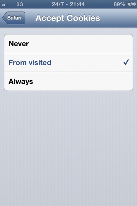 Settings > Safari > Accept Cookies
