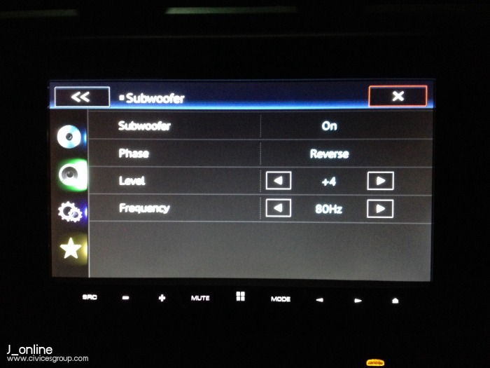 Subwoofer On
Phase Reverse (ช่างปรับให้ อีกอันเป็น Normal)
Level +4
Frequency 80Hz